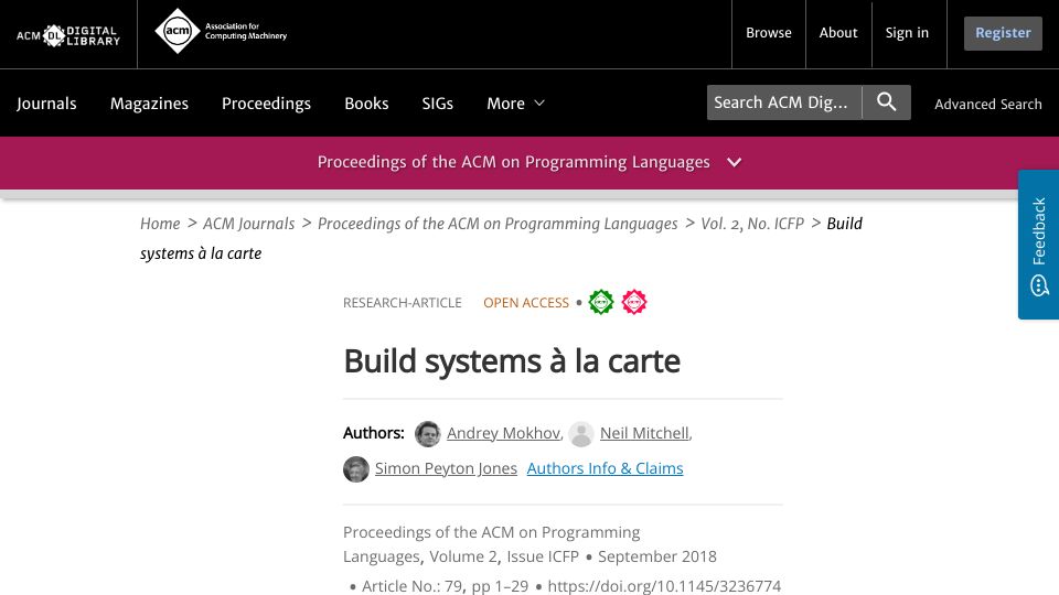 Screenshot of dl.acm.org: Build systems à la carte (2018)