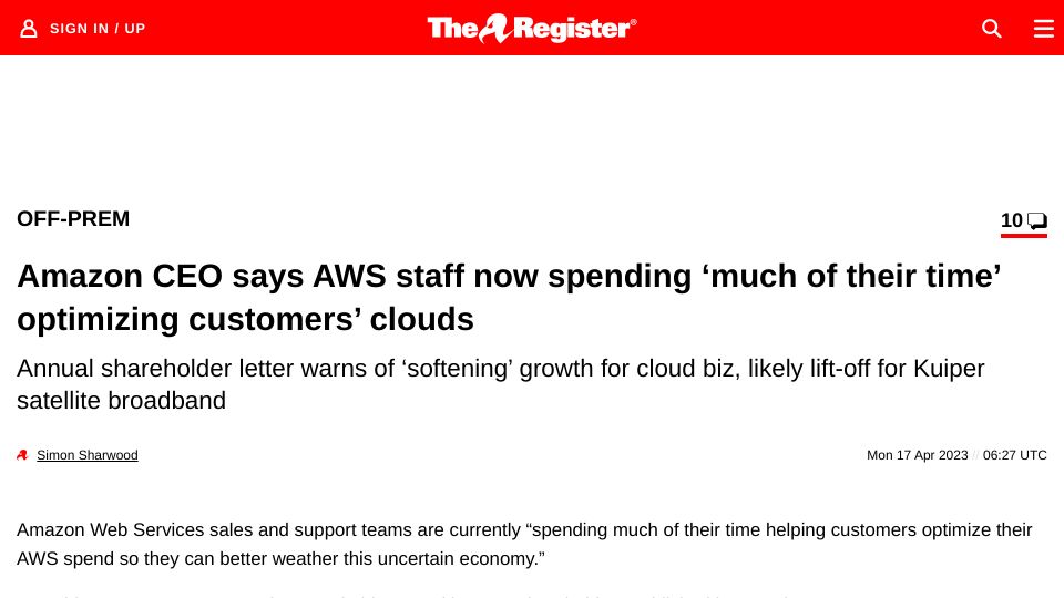 Screenshot of theregister.com: AWS staff spending ‘much of their time ’optimizing customers' clouds'