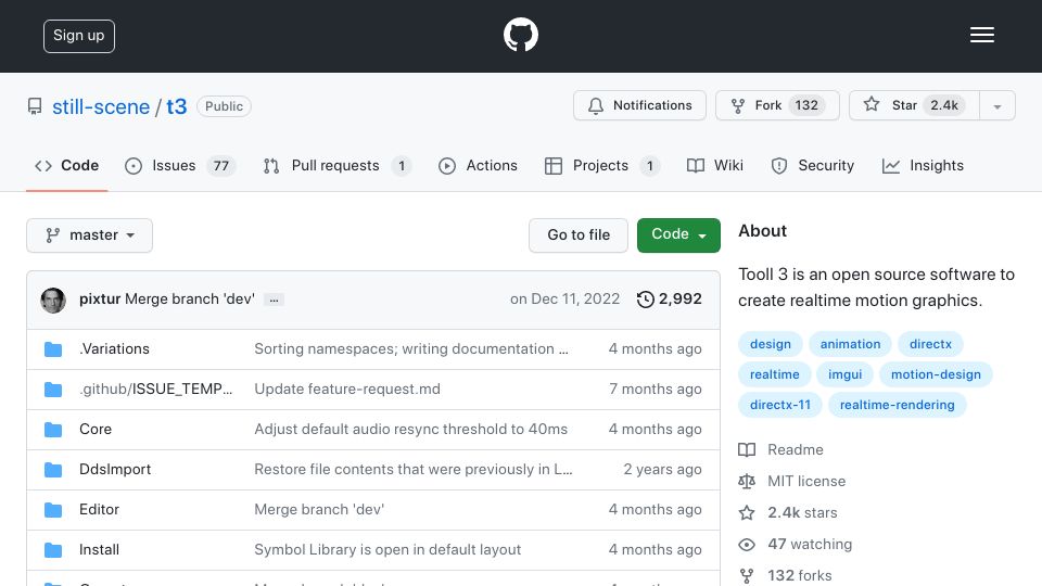 Screenshot of github.com: Tooll 3: open-source software to create realtime motion graphics
