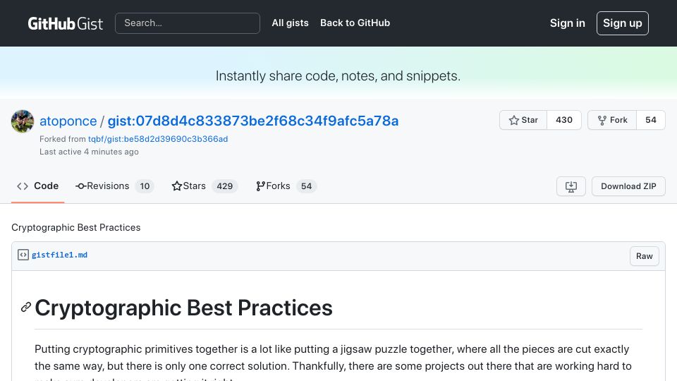 Screenshot of gist.github.com: Cryptographic Best Practices