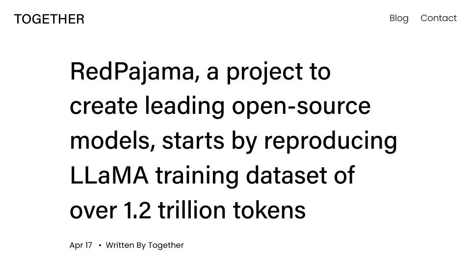 Screenshot of together.xyz: RedPajama: Reproduction of LLaMA with friendly license
