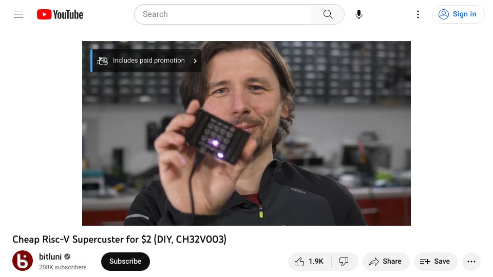 Screenshot of youtube.com: Cheap RISC-V Supercuster for $2 (DIY, CH32V003)