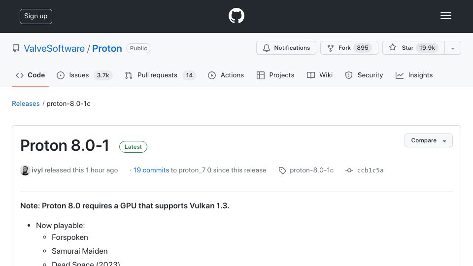 Screenshot of github.com: Valve Releases Proton 8.0-1c