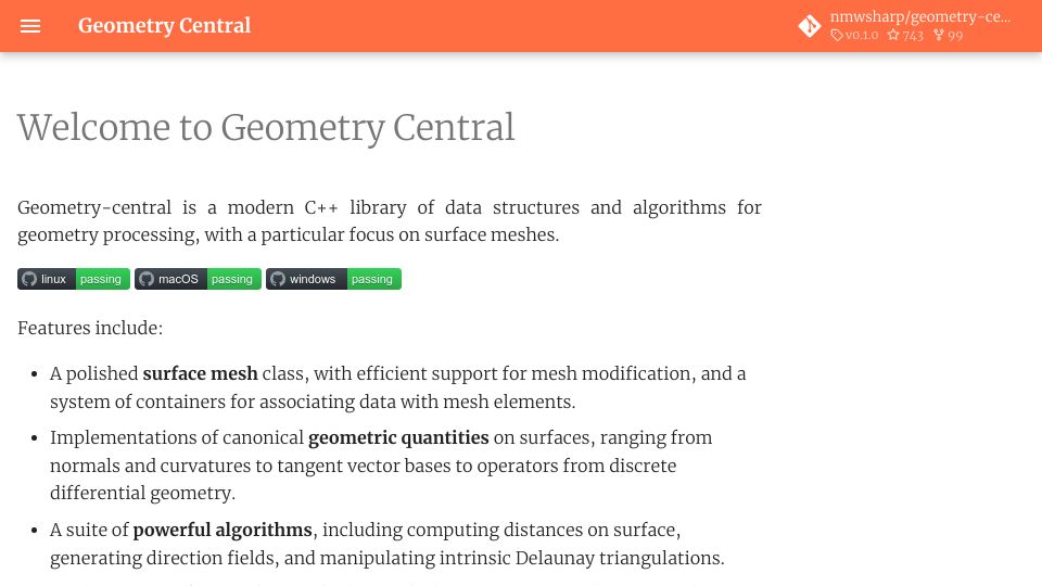 Screenshot of geometry-central.net: Geometry Central: library of data structures, algorithms for geometry processing