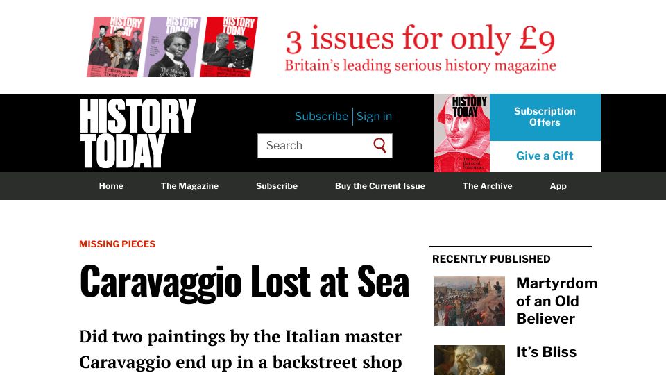 Screenshot of historytoday.com: Caravaggio Lost at Sea (2022)