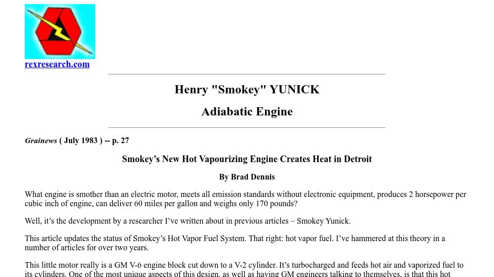 Screenshot of rexresearch.com: Smokey’s new hot vapourizing engine creates heat in Detroit (1983)