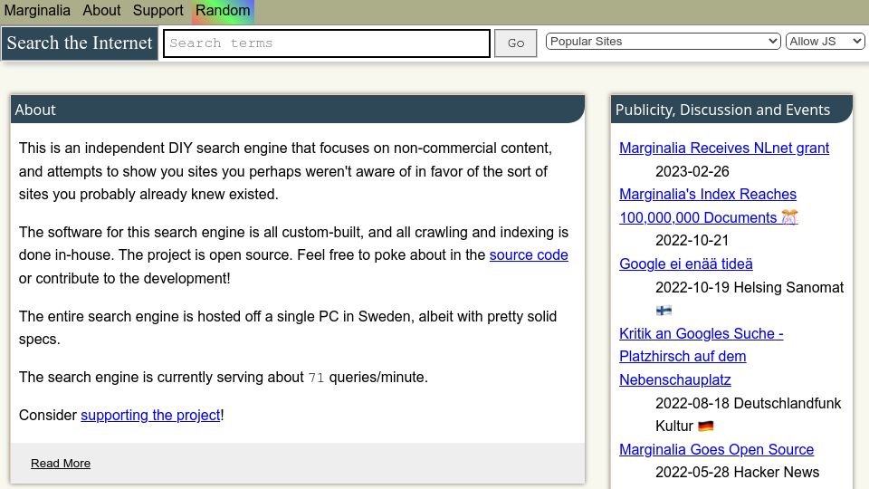Screenshot of search.marginalia.nu: Marginalia: DIY search engine that focuses on non-commercial content