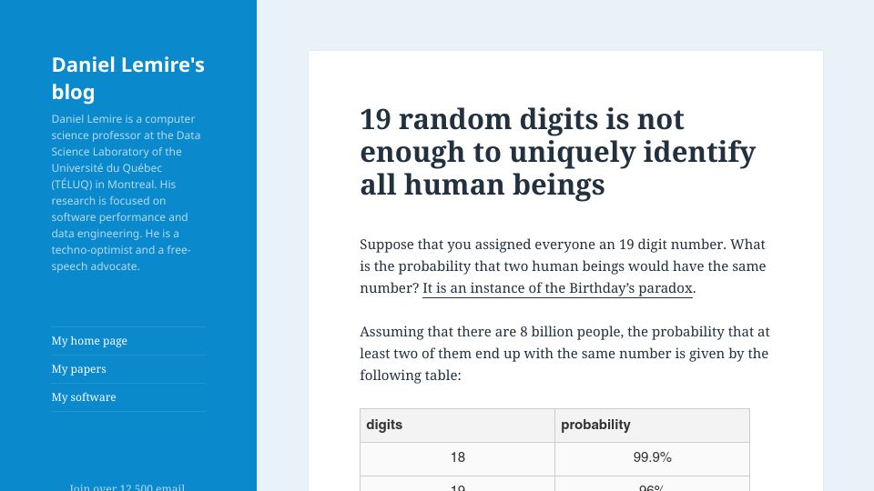 Screenshot of lemire.me: Random digits is not enough to uniquely identify all human beings