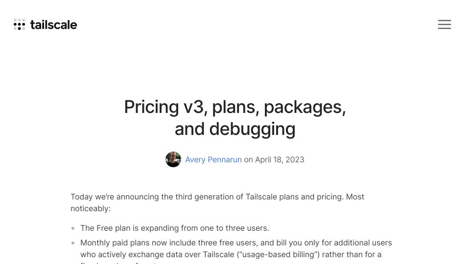 Screenshot of tailscale.com: Changes to Tailscale Pricing and Plans