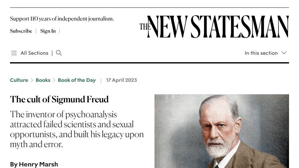 Screenshot of newstatesman.com: The Cult of Sigmund Freud
