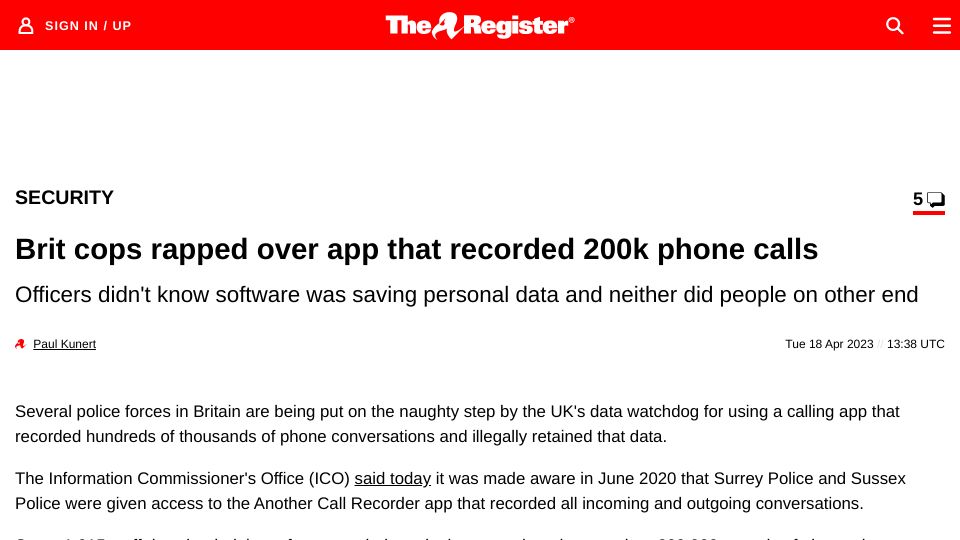 Screenshot of theregister.com: Brit cops rapped over app that recorded 200k phone calls