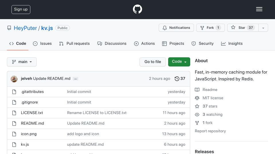 Screenshot of github.com: KV.js