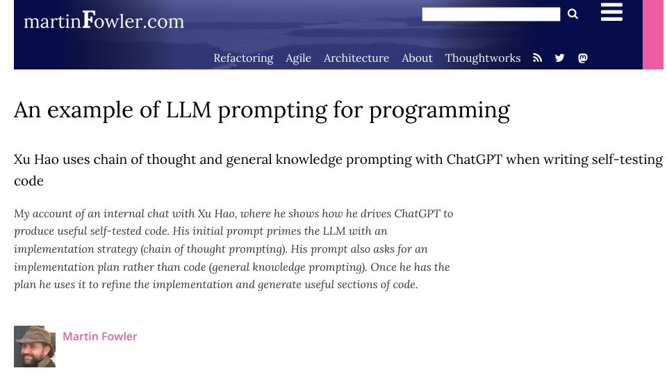 Screenshot of martinfowler.com: An example of LLM prompting for programming
