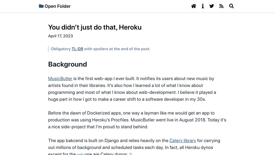 Screenshot of openfolder.sh: Heroku has been running a second copy of my scheduler instance