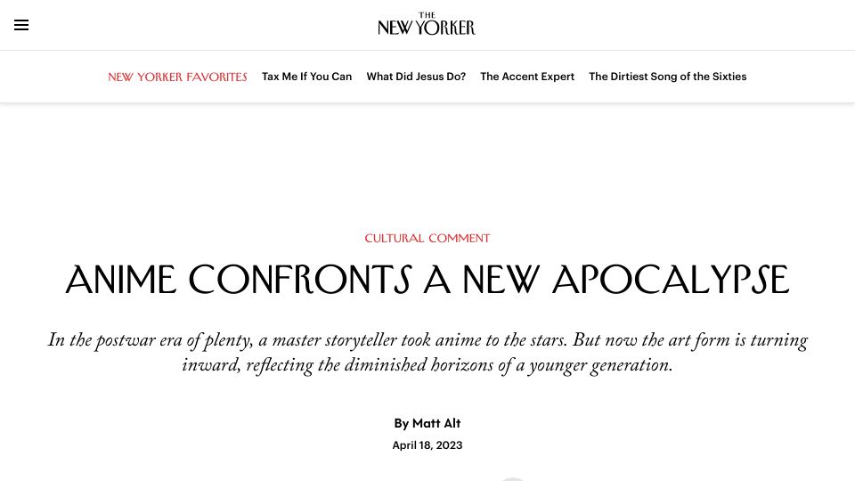 Screenshot of newyorker.com: Anime Confronts a New Apocalypse