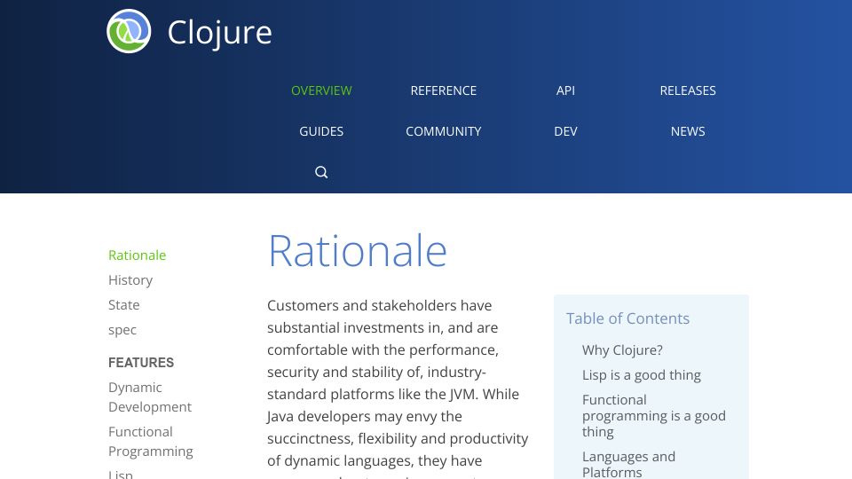 Screenshot of clojure.org: Clojure Rationale (2008)