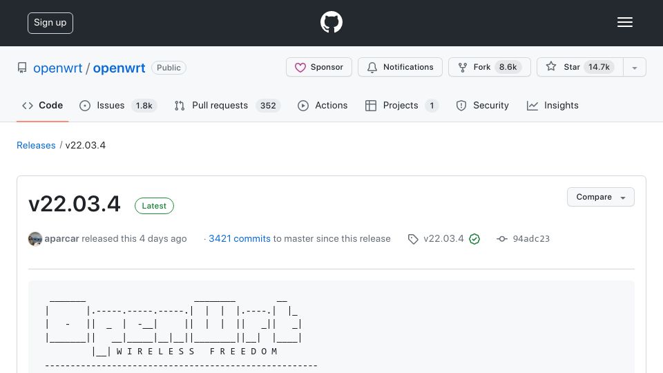 Screenshot of github.com: OpenWRT 22.03.4