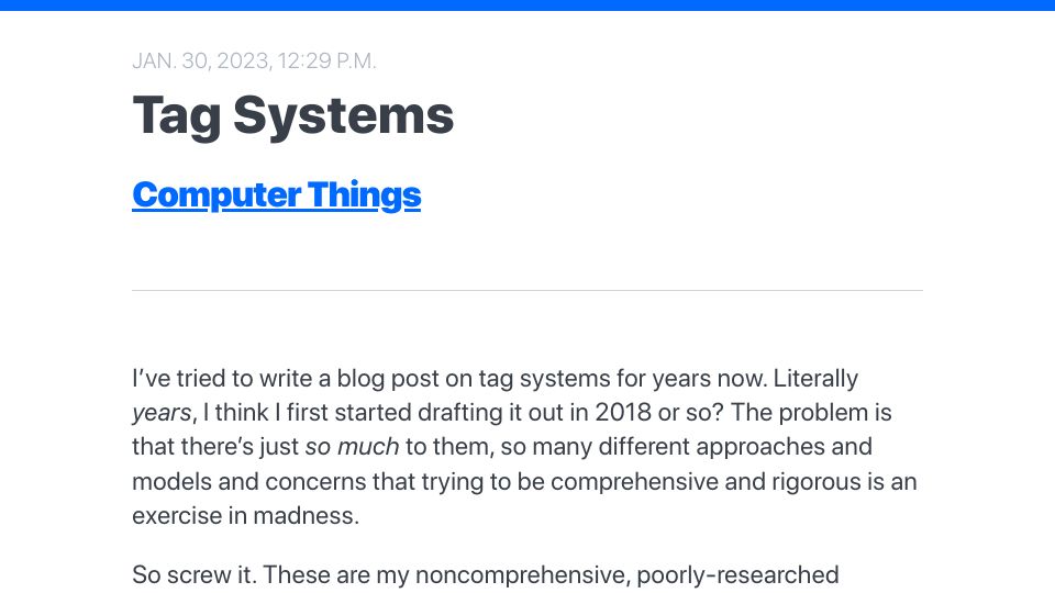 Screenshot of buttondown.email: Tag Systems