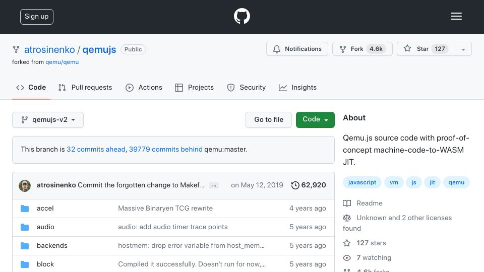 Screenshot of github.com: Qemu.js – a proof-of-concept port of QEMU to web browser using WASM JIT (2019)