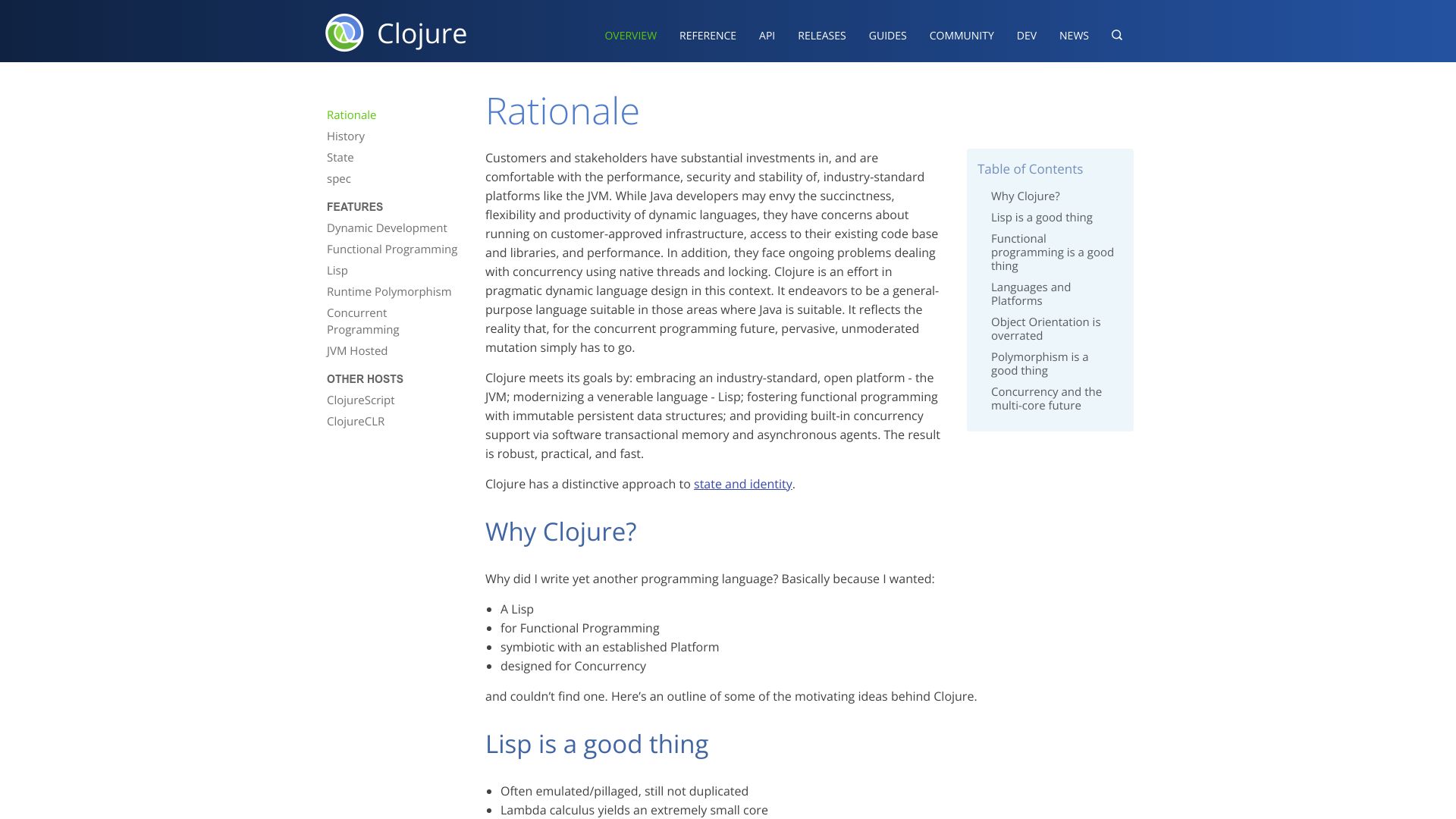 Screenshot of clojure.org: Clojure Rationale (2008)