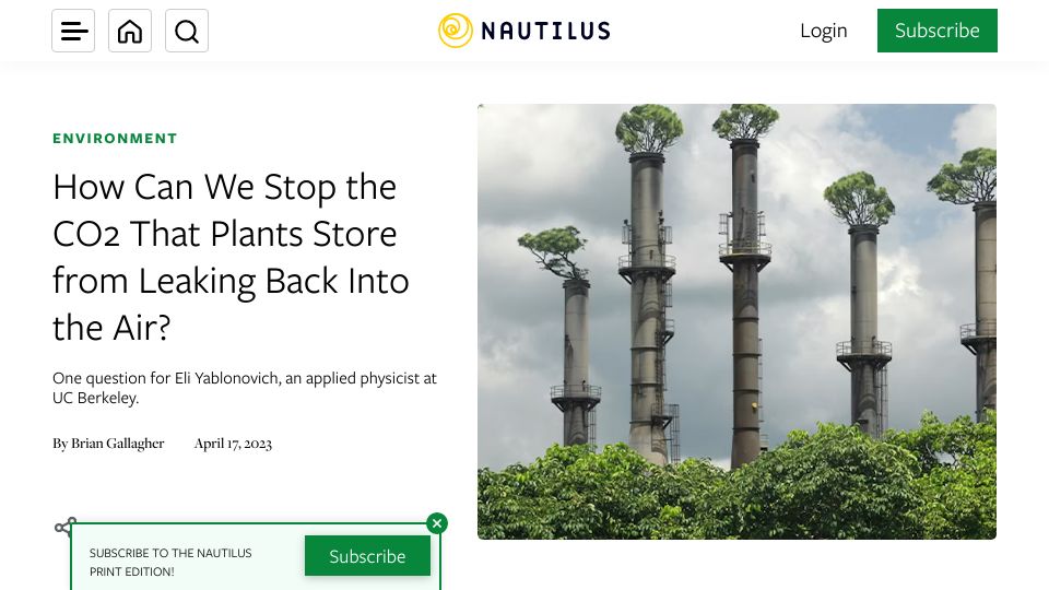 Screenshot of nautil.us: How can we stop the CO2 that plants store from leaking back into the air?