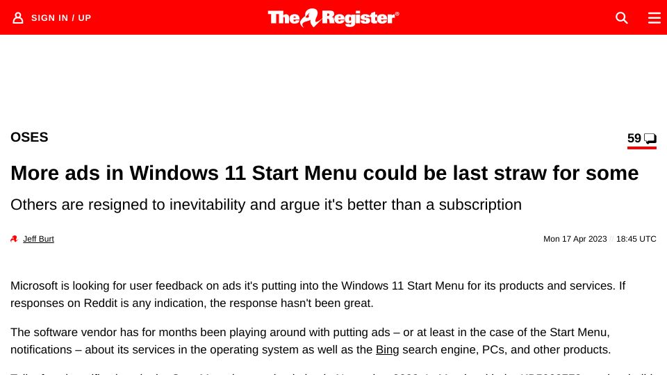 Screenshot of theregister.com: Microsoft plugging more ads into Windows 11 Start Menu