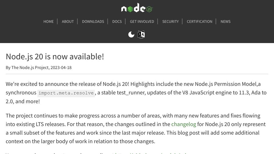 Screenshot of nodejs.org: Node.js 20 is now available