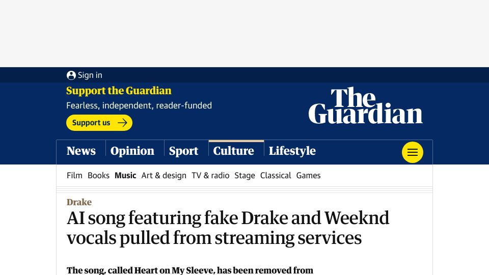 Screenshot of theguardian.com: AI song featuring fake Drake and Weeknd vocals pulled from streaming services