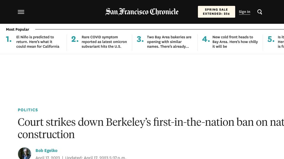 Screenshot of sfchronicle.com: Court strikes down Berkeley’s ban on natural gas in new construction