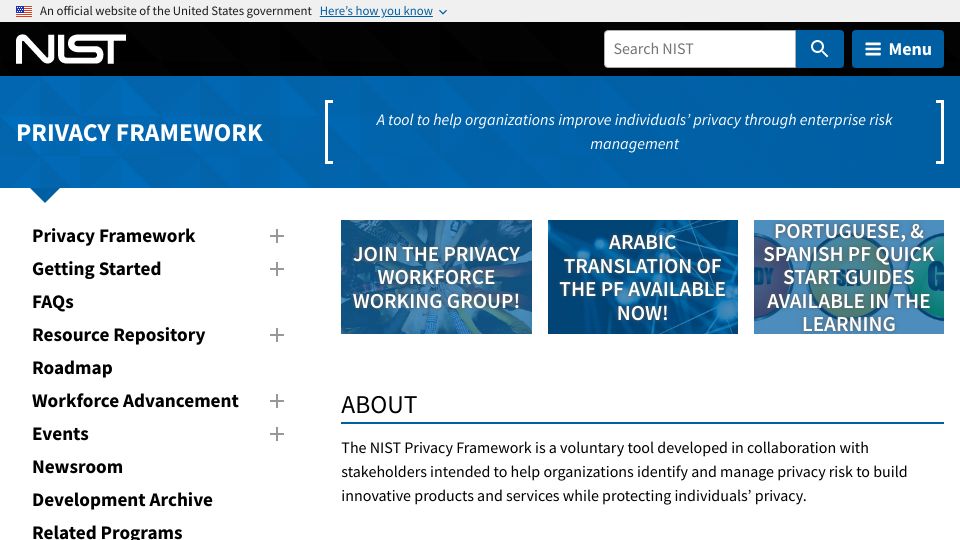 Screenshot of nist.gov: NIST Privacy Framework