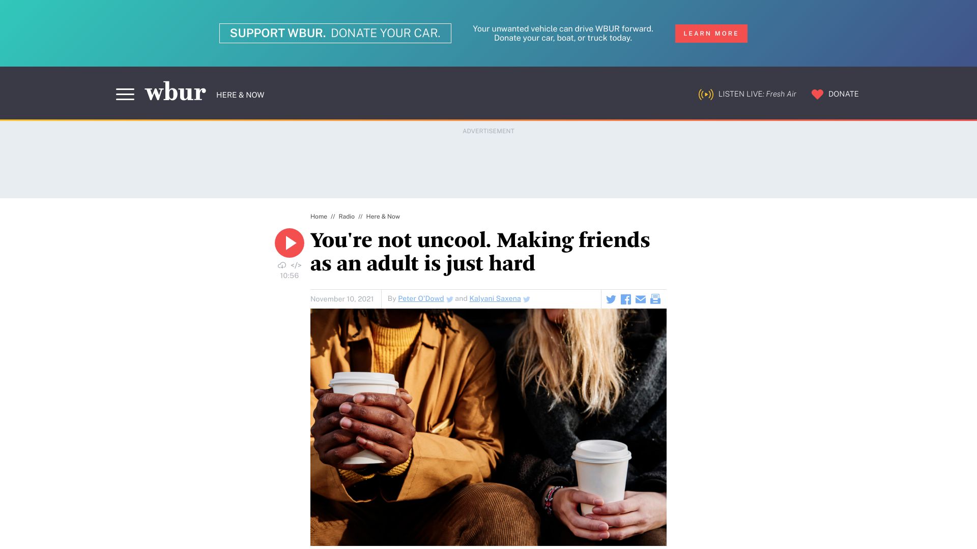 Screenshot of wbur.org: Making friends as an adult is hard (2021)