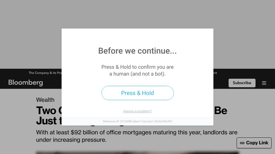 Screenshot of bloomberg.com: Two Office Landlords Defaulting May Be Just the Beginning