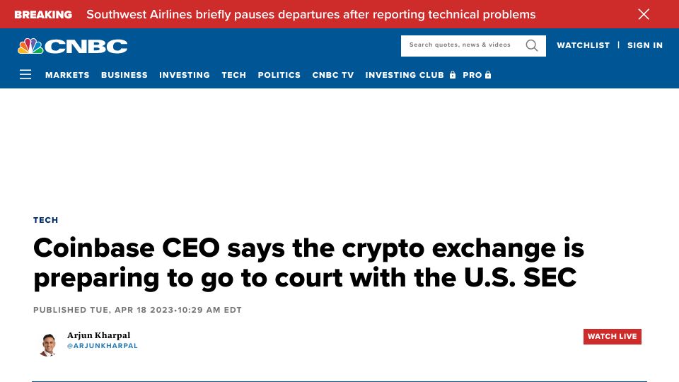 Screenshot of cnbc.com: Coinbase CEO: we're preparing to go to court with the U.S. SEC