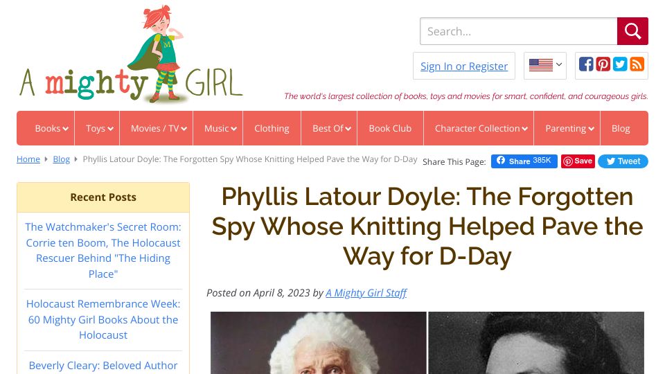 Screenshot of amightygirl.com: A WWII spy who hid codes in her knitting