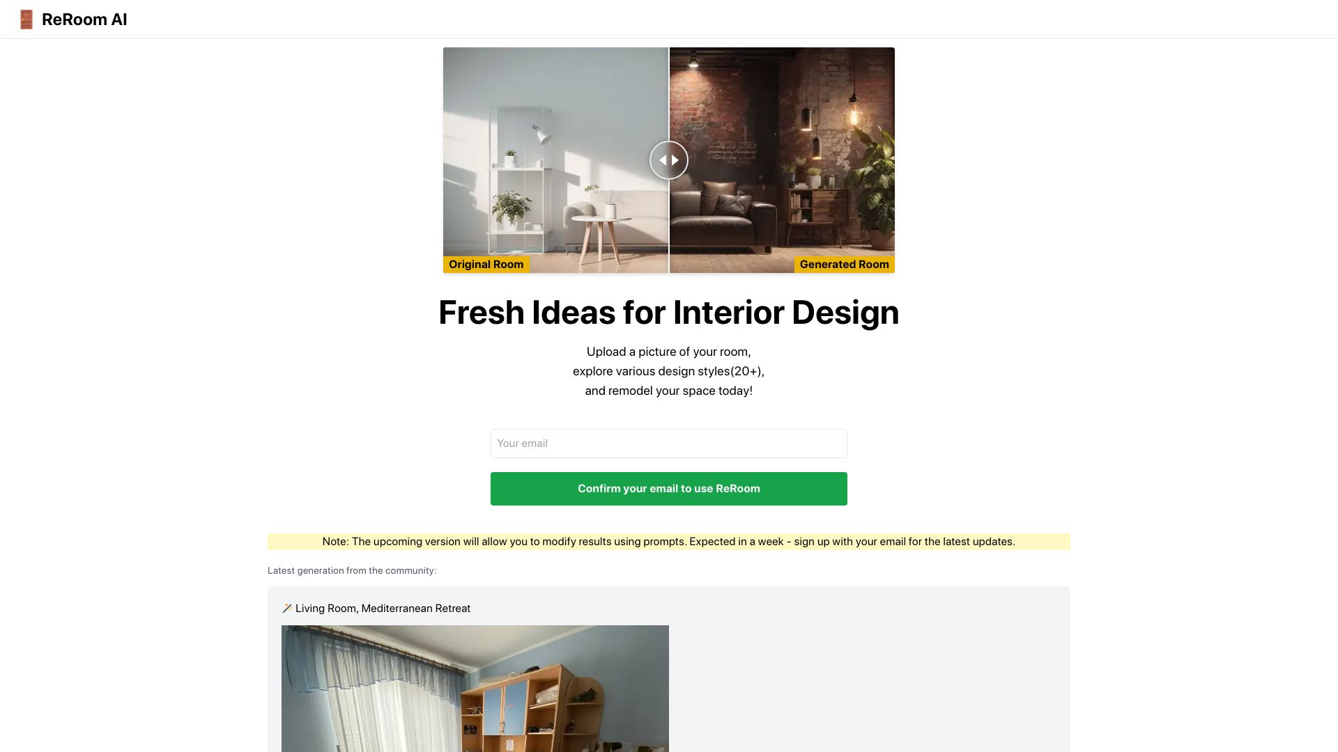 Screenshot of reroom.ai: Reroom AI: Test interior design ideas and styles before hiring a designer