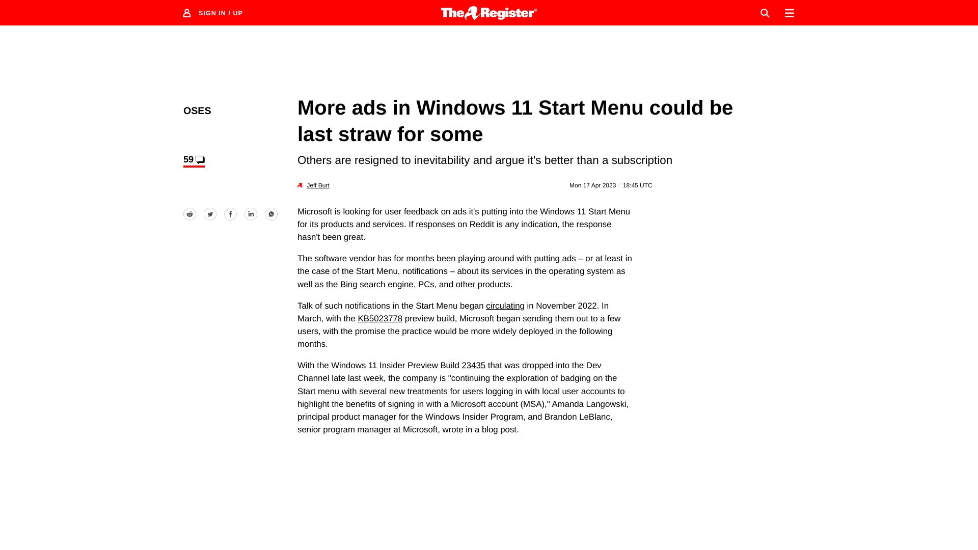 Screenshot of theregister.com: Microsoft plugging more ads into Windows 11 Start Menu