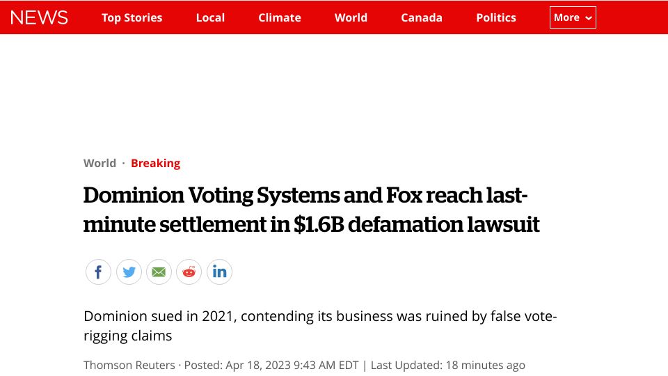 Screenshot of cbc.ca: Dominion Voting Systems and Fox reach last-minute settlement