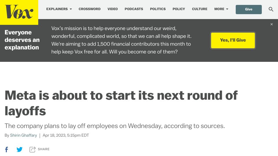 Screenshot of vox.com: Meta is about to start its next round of layoffs