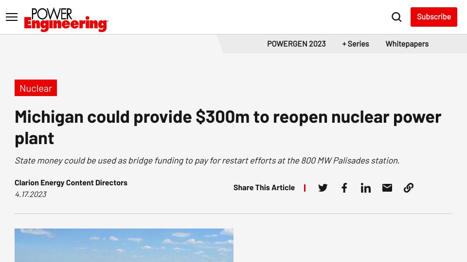 Screenshot of power-eng.com: Michigan could provide $300M to reopen nuclear power plant
