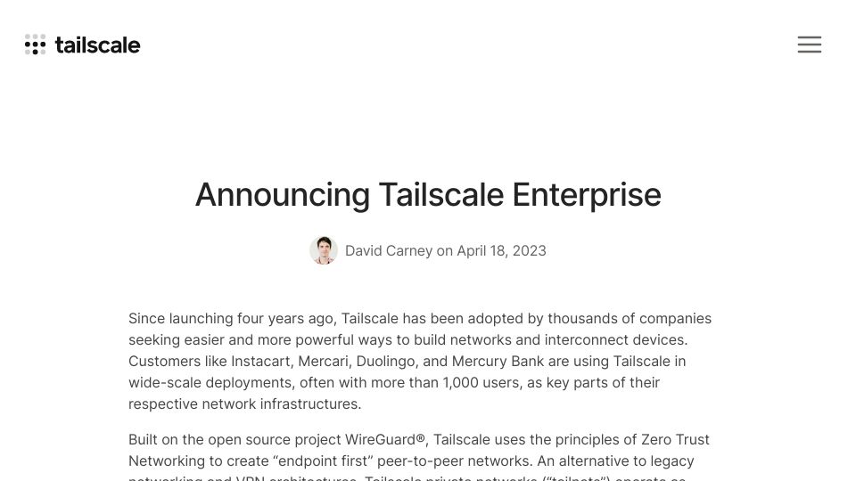 Screenshot of tailscale.com: Tailscale Enterprise
