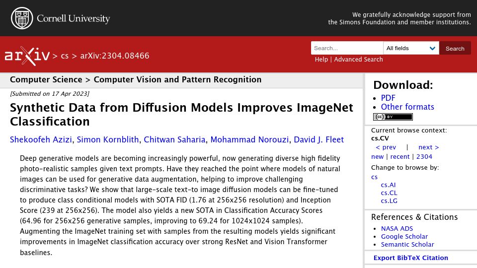 Screenshot of arxiv.org: Synthetic Data from Diffusion Models Improves ImageNet Classification