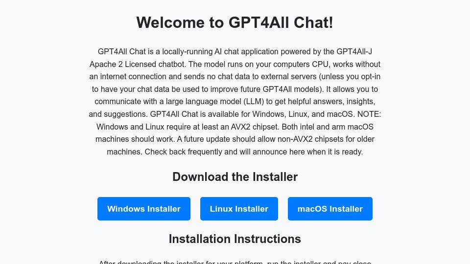 Screenshot of gpt4all.io: GPT4All Chat – Locally-running AI chat application powered by the GPT4All-J