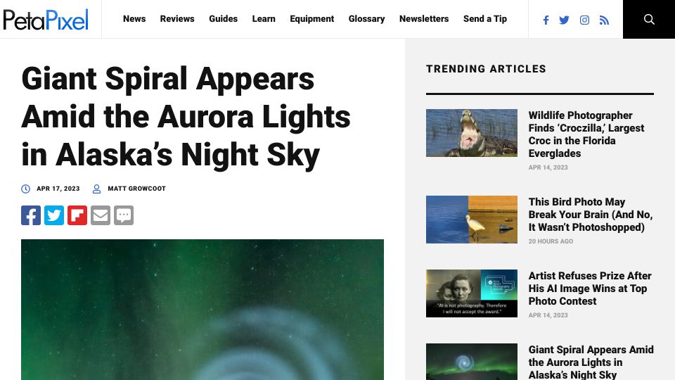 Screenshot of petapixel.com: Giant SpaceX Spiral Appears Amid the Aurora Lights in Alaska's Night Sky