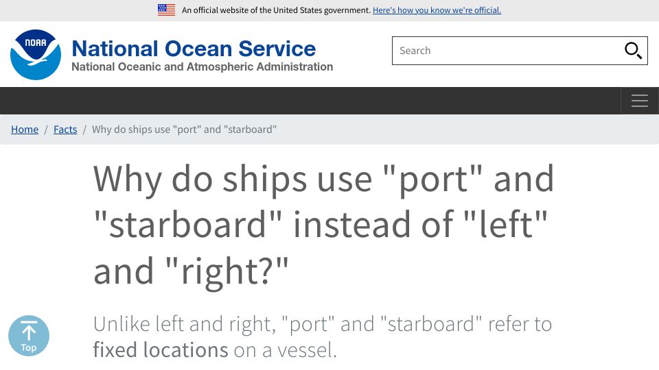 Screenshot of oceanservice.noaa.gov: Why do ships use “port” and “starboard” instead of “left” and “right?”