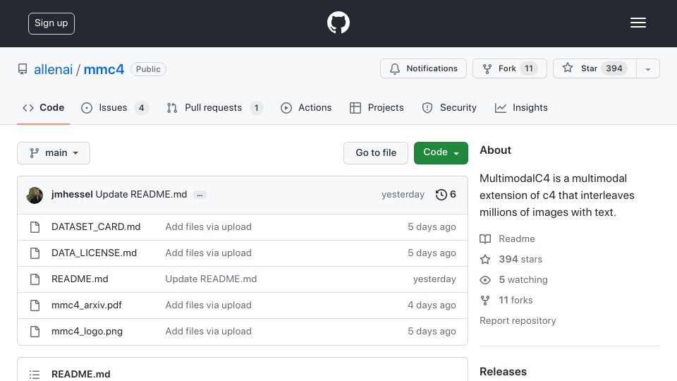 Screenshot of github.com: MMC4: An open, billion-scale corpus of images interleaved with text