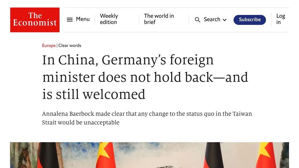 Screenshot of economist.com: In China, Germany’s foreign minister does not hold back–and is still welcomed