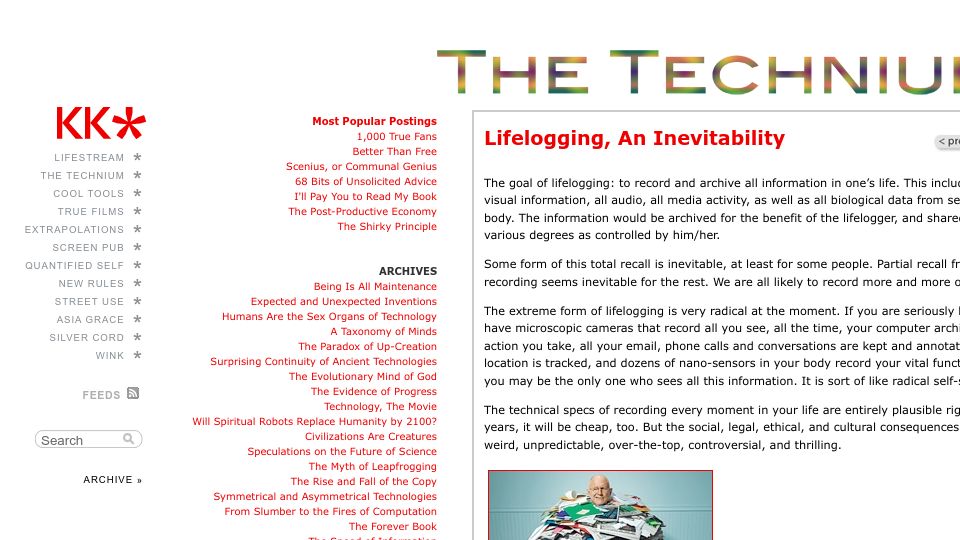 Screenshot of kk.org: Lifelogging, an Inevitability (2007)