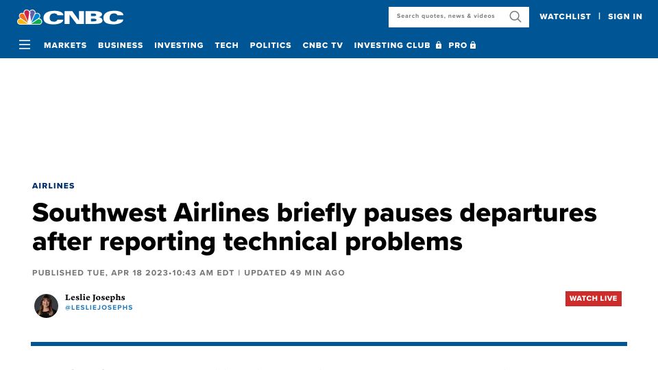 Screenshot of cnbc.com: Southwest Airlines pauses departures after reporting technical problems