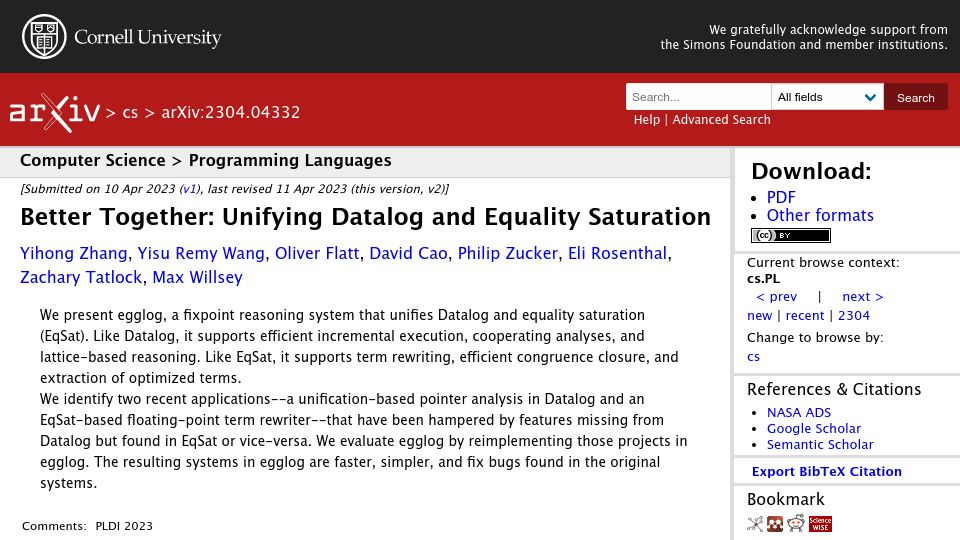 Screenshot of arxiv.org: Better Together: Unifying Datalog and Equality Saturation