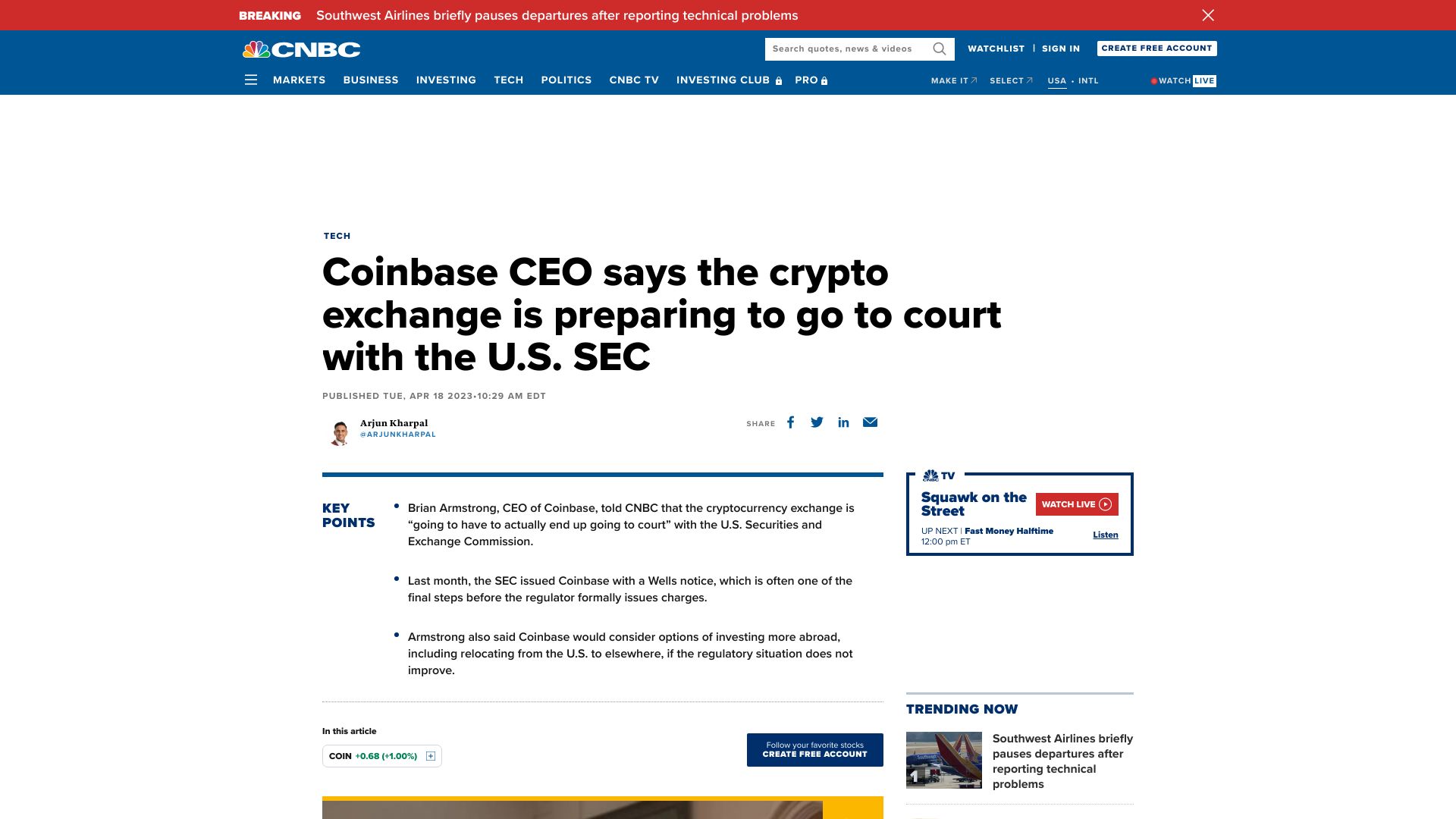 Screenshot of cnbc.com: Coinbase CEO: we're preparing to go to court with the U.S. SEC